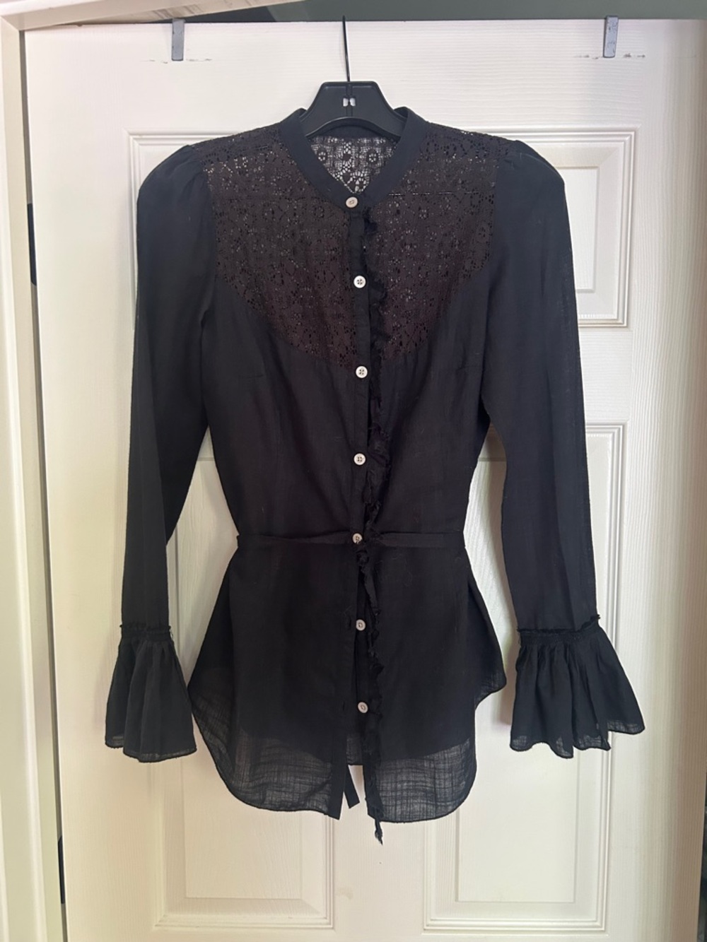 Free People Black Lace Yoke Button-Front Women's Blouse